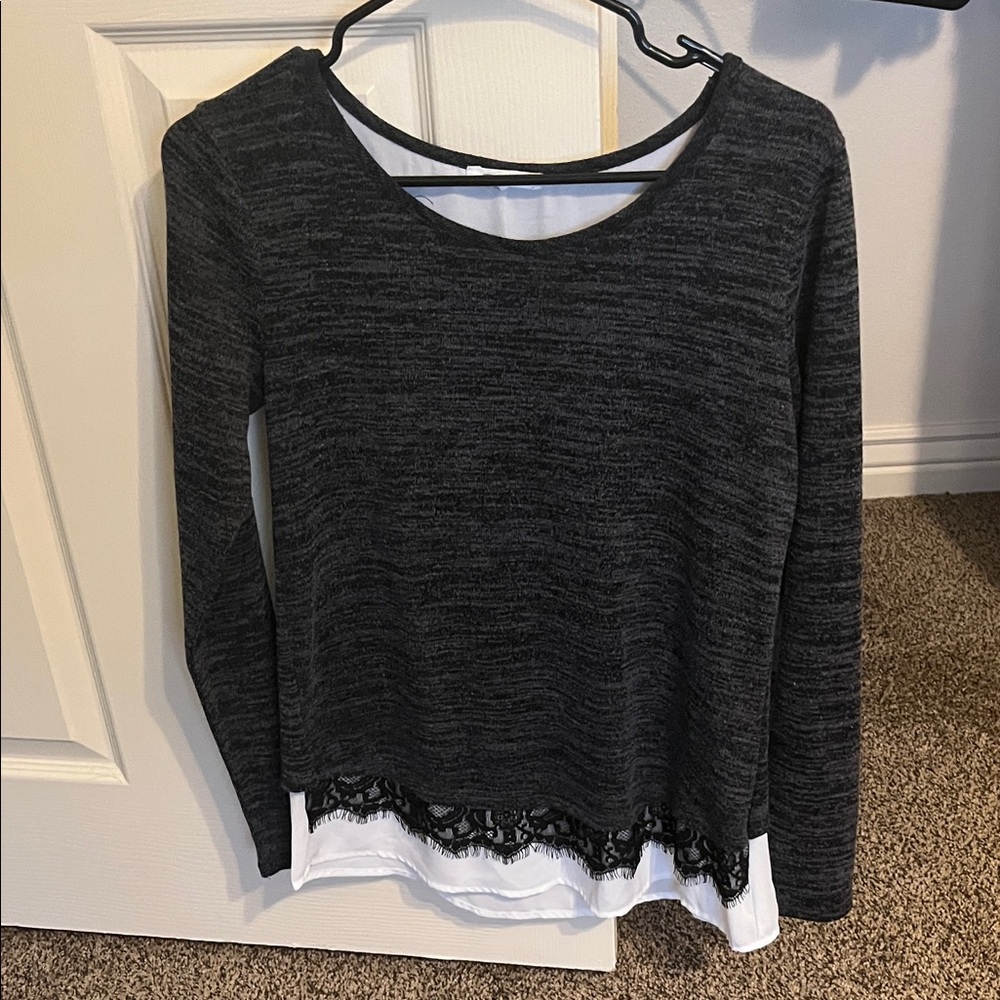 Maurices Dark Gray Layered Lace-Hem Long Sleeve Top